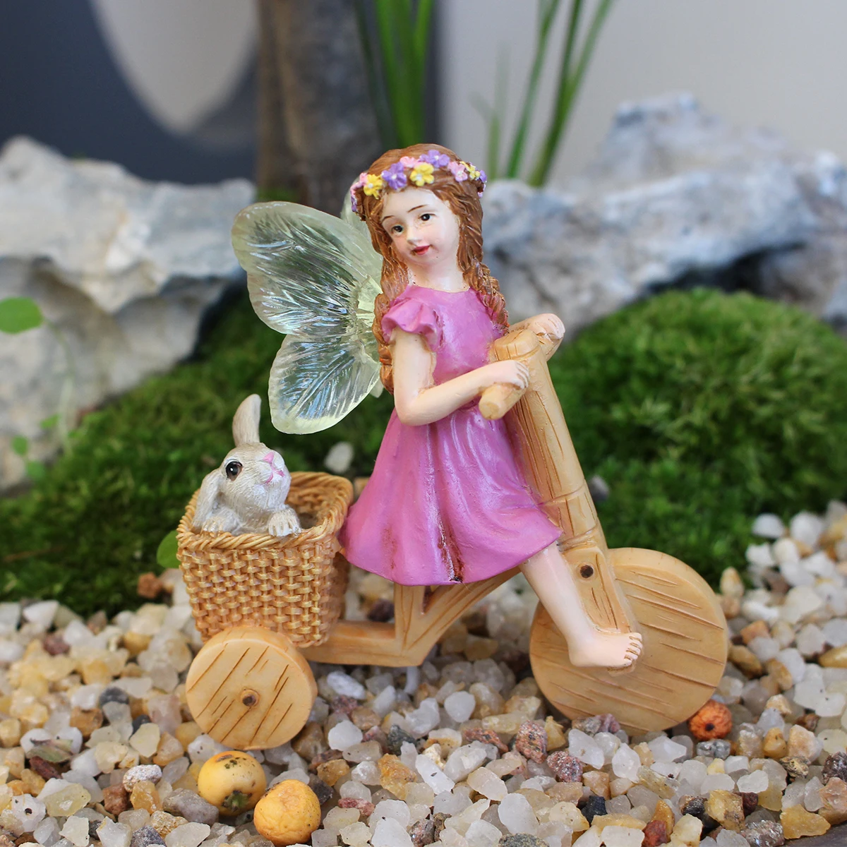 

Resin Garden Fairy Figurine with Bunny, Hand-Painted Flower Fairy Riding Tricycle Statue, Outdoor Patio Lawn Yard Decoration Orn