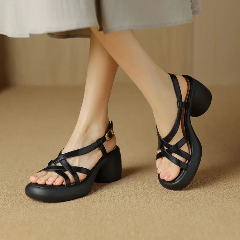 New 2024 High Heels Women Genuine Leather Sandals Platforms Slingback Buckle Summer Shoes Woman Size 35-40