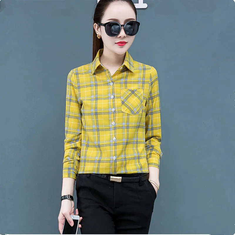 UHYTGF Spring Summer Shirt Women\'s Long-Sleeved Plaid Thin Tops Female Single Breasted Casual Students Shirts And Blouses 2471