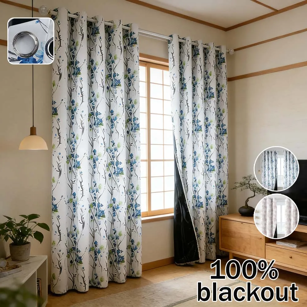 

2PCS Set Thick 100% Blackout Curtains Grommet Top Printed Window Drapes Thermal Insulated Privacy Protect Panels for Living Room
