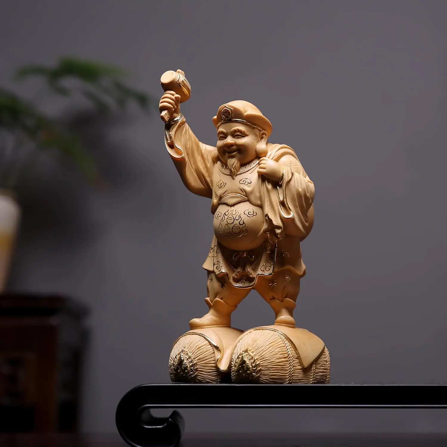 

Hinoki Cypress Hand Carved Daikokuten Wealth God Statue Figurine Japanese Lucky God Ornament Home Office Decor Gift Collectible