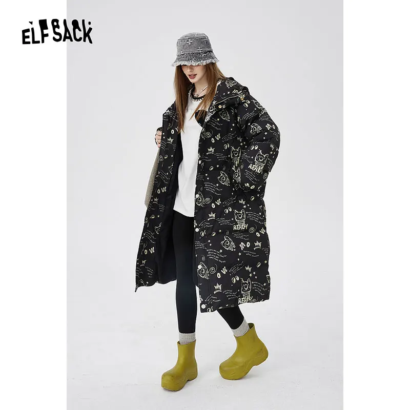 ELFSACK Printing Warm Down Coats Women 2024 Winter Cartoon Printed Hooded Down coats Jackets