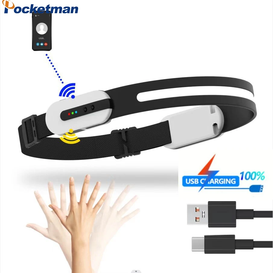 Wave Sensor Bluetooth Headlight LED Rechargeable Flashlight COB Floodlight Night Running Outdoor Fishing Camping Headlights