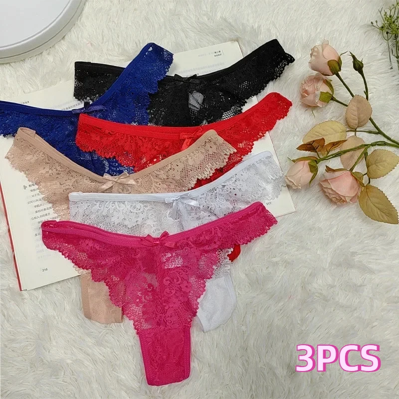 

3PCS Low Waisted Tanga Briefs Lace Thongs Cotton Sole Underpants Lace Sexy Thong Panties Women Invisible T-shaped Pants G-string