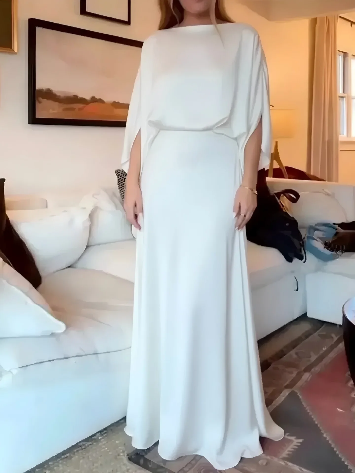 Damen Modisches Atmosphärisches Kleid Frühling Sommer Neuer Stil Rundhals Sieben-Ein-Acht-Ärmel Elegantes Sexy Einfarbiges Seiden-Langkleid – Detail 2
