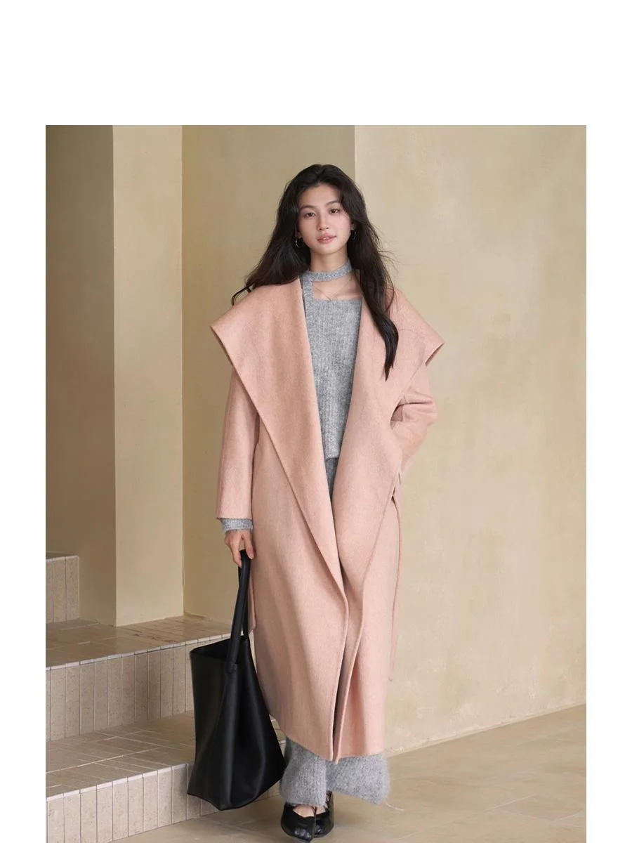 

Вечернее розовое шерстяное пальто Eryang Design для женщин: высококачественное, модное, с воротником, поясом, длинное, в корейском стиле, прямого кроя