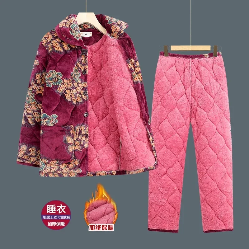 Middle Aged Elderly Women\'s Pyjamas Winter Sleepwear Fashion Thickened Warm Cotton Coat Pants Suit Grandma Home Clothing 2023