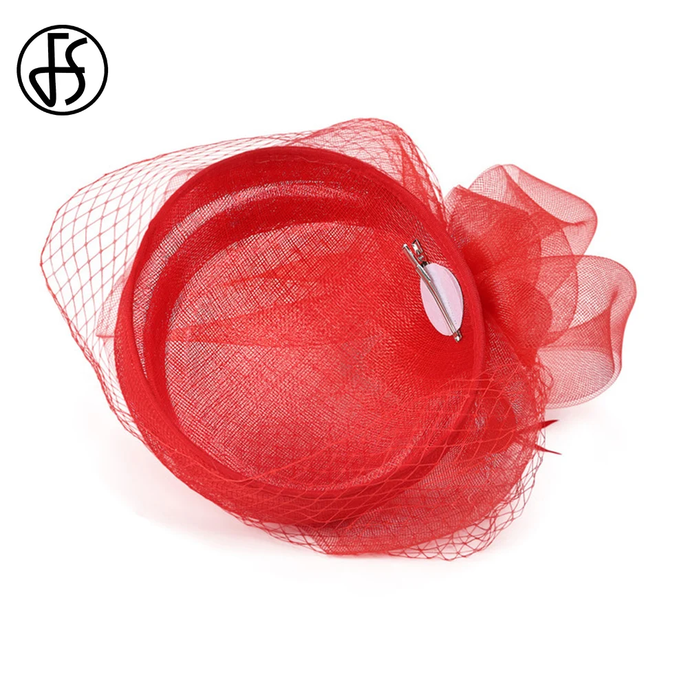 FS Bridal Wedding Red Hats Fascinators For Woman Church Cocktail Tea Party Sinamay Feather Veil Headdress Elegant Derby Cap 2024