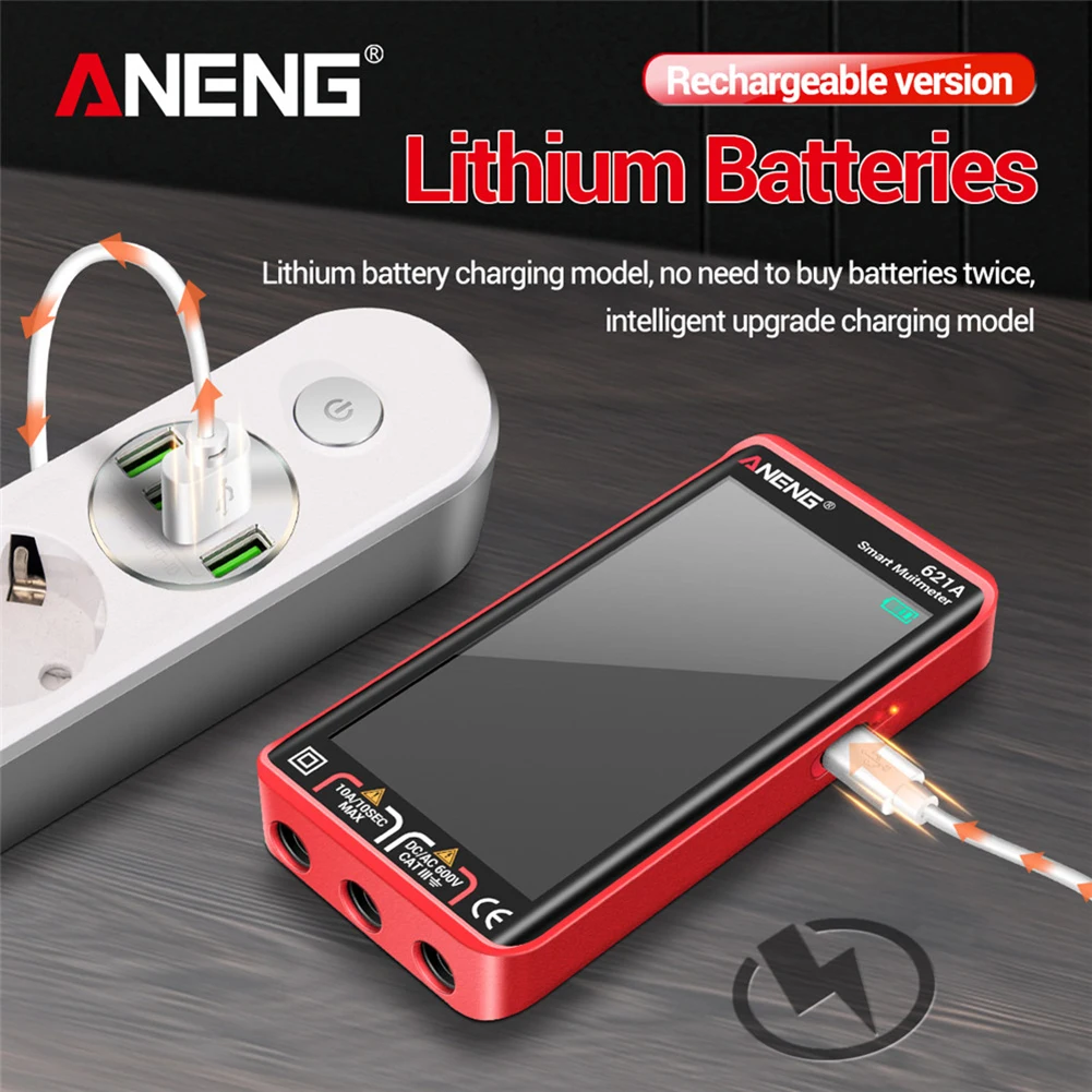 جهاز اختبار كهربائي قابل لإعادة الشحن من ANENG 621A مع شاشة تعمل باللمس، مقياس فولت أمبير تلقائي، يقيس تيار التيار المتردد/تيار مستمر مع NCV