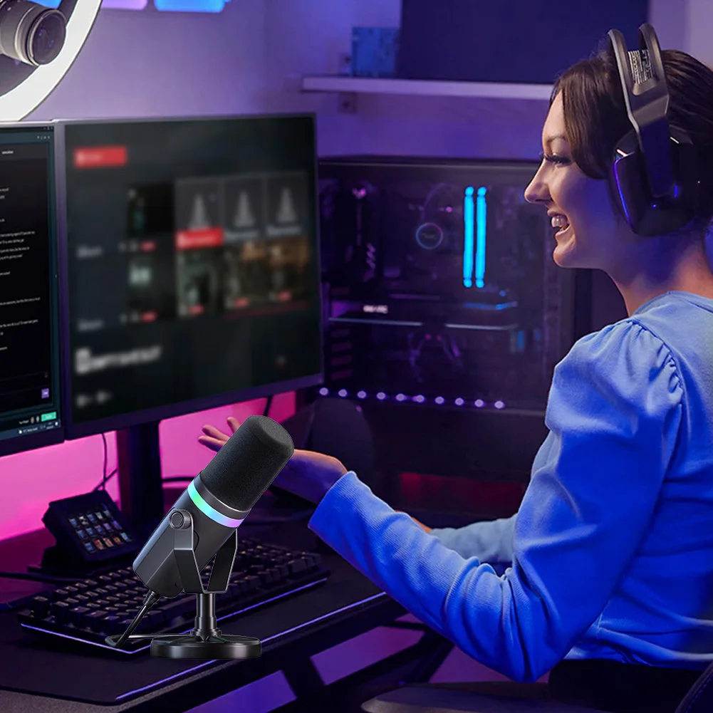 ميكروفون USB XLR ديناميكي للكمبيوتر RGB PC ميكروفون ديناميكي لتسجيل الاستوديو وإنشاء محتوى البث