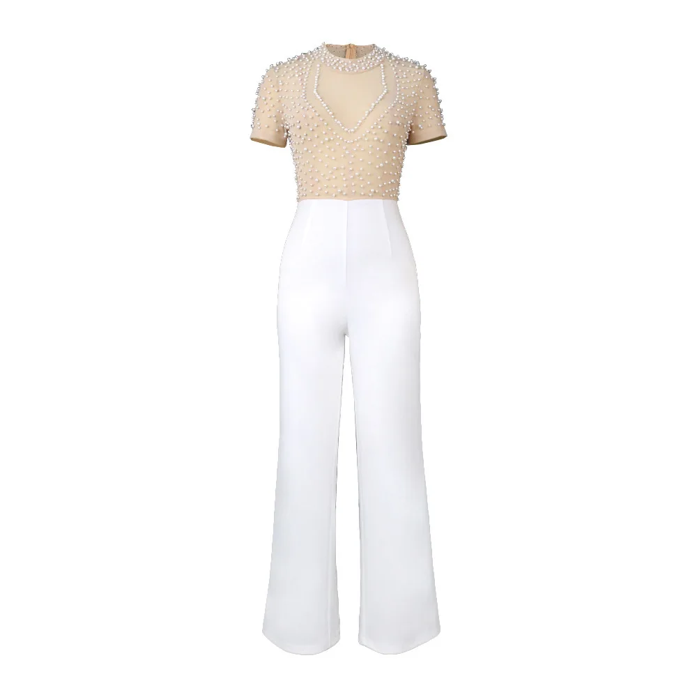 AM 221118   Jumpsuit met ronde hals en korte mouwen en spijkerkralen, casual stijl, afslankende feestjurk met hoge taille Jumpsuit