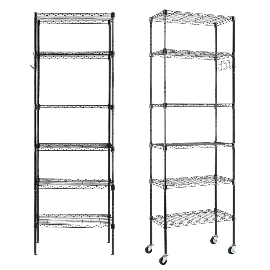 

6Tier Adjustable Layer Shelf with 6 Hooks Heavy Duty Steel Storage Rack Caster Wheels Leveling Feet 55x30x165cm Black