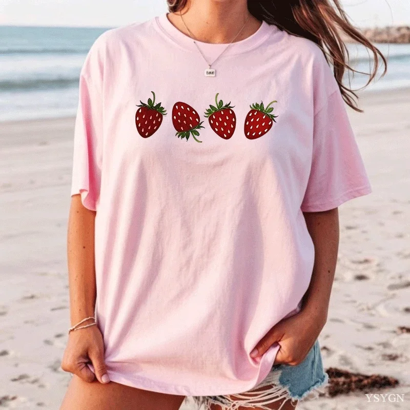 Ladies Short Sleeve Tee Cute Four Fruit Print Crew Neck Casual Loose T Shirt Fresh Summer Daily Outdoor Tops
