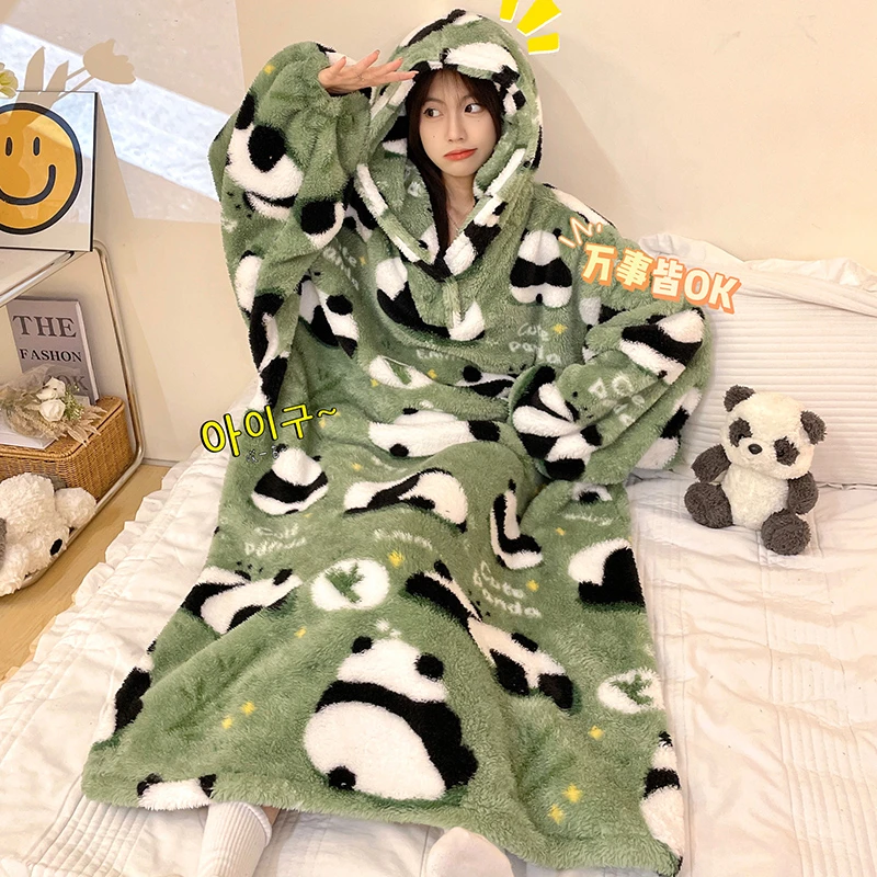 Winter Women's Robes Pajamas Cartoon Panda Print Coral Velvet Nightgown Thick Robe Ropa De Mujer Soft Warm Women Night Dress