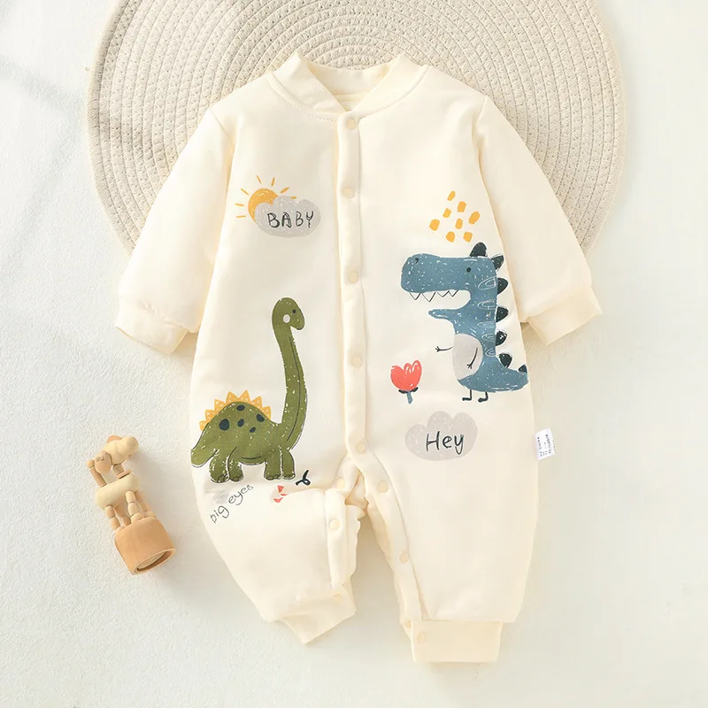 AYNIGIELL Autumn Winter Thick Warm Jumpsuit Cartoon Pattern Baby Thick Warm Single Breasted Jumpsuit 0-18M Newborn Baby Outfit