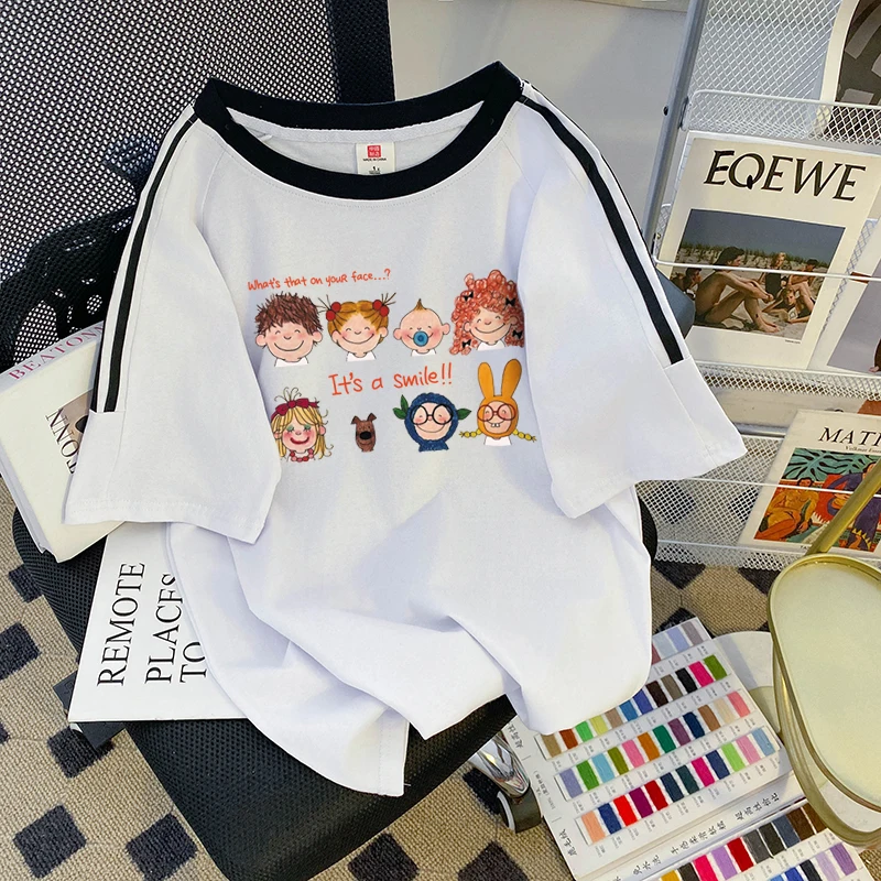 2024 Summer Round Neck Short Sleeve T-shirt Women's Wear New Loose Cotton Design Sense Three-bar Printed Top