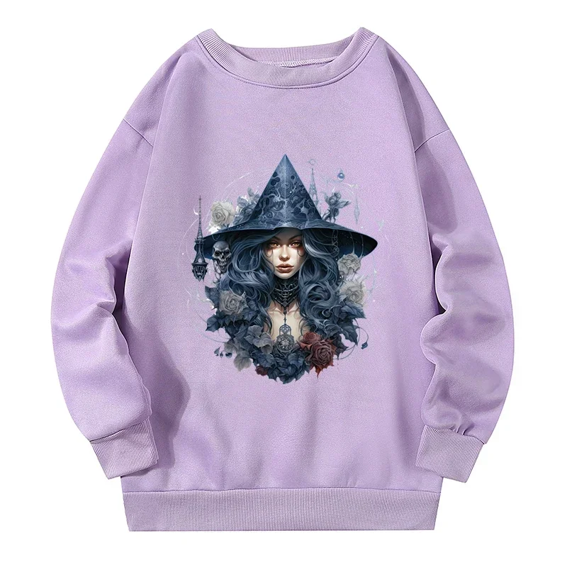 150kg Plus Size Female Sweatshirts Gothic Witch Print Sweatshirts with Print Autumn Winter New Warm Woman Clothing