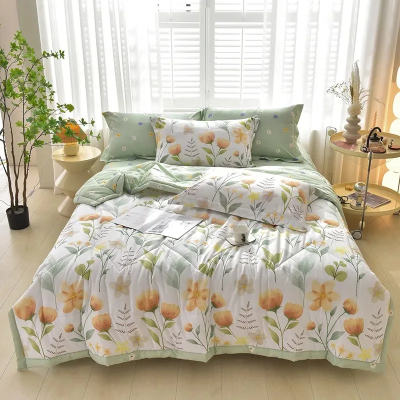 

Plaid Summer Cool Quilt Washed Cotton Comfortable Lightweight Air Condition Thin Comforter Simple Feather Blanket For Adults Kid