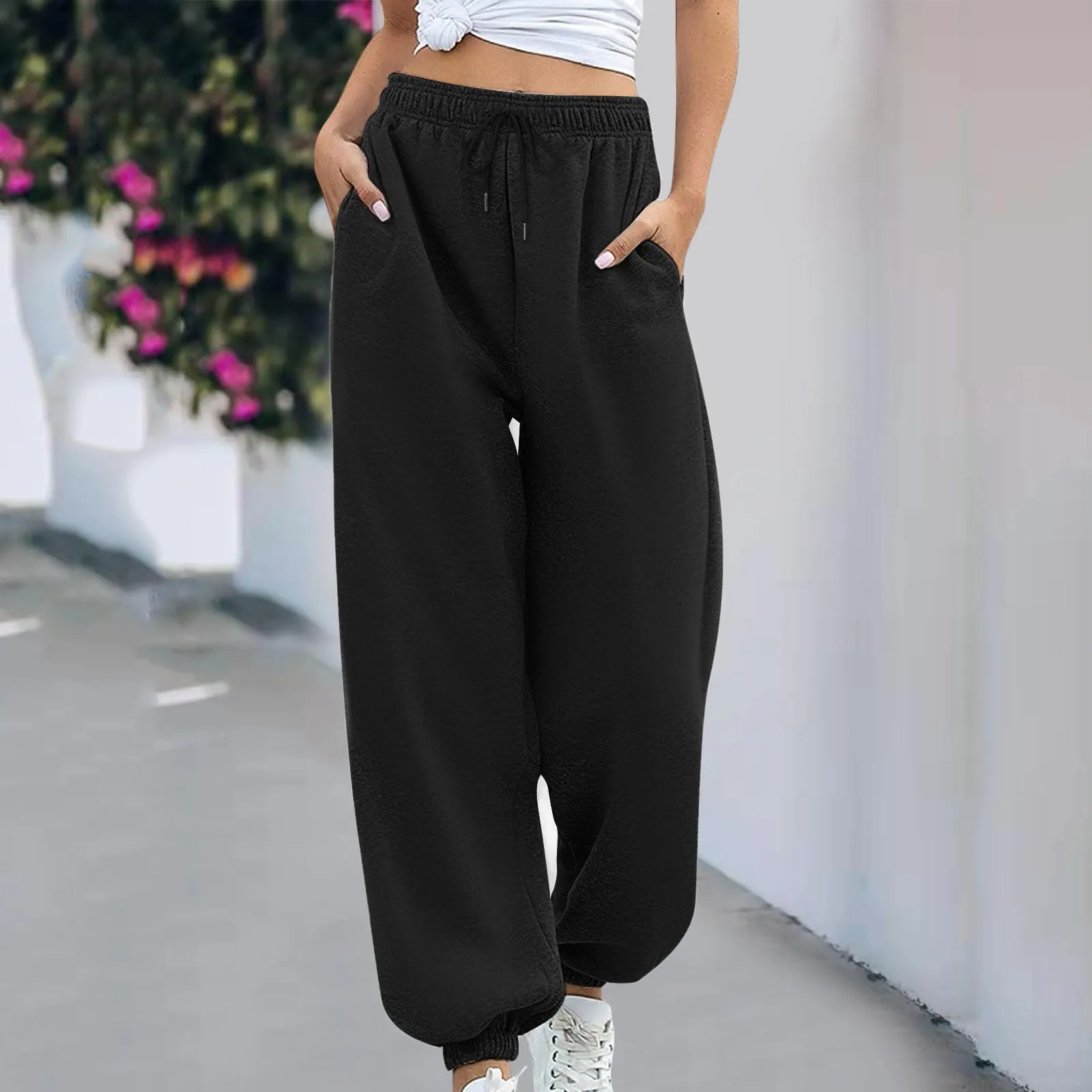 Thickened Cotton Sweatpants Women'S Loose Drawstring Straight Sports Pants Work High Waist Leggings Stretch Pants Bottoms