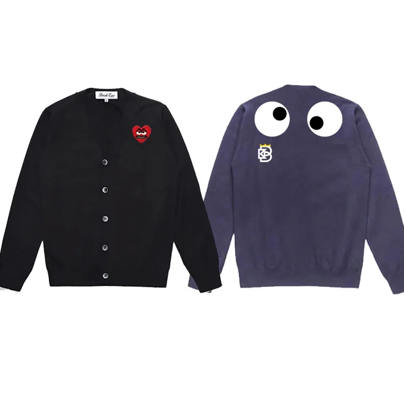 

A Pair of Eyes Printing Men Cardigan Cotton Cool Snag Heart Embroidery V-Neck Single Breasted Long Sleeves Autumn Fit Sweater