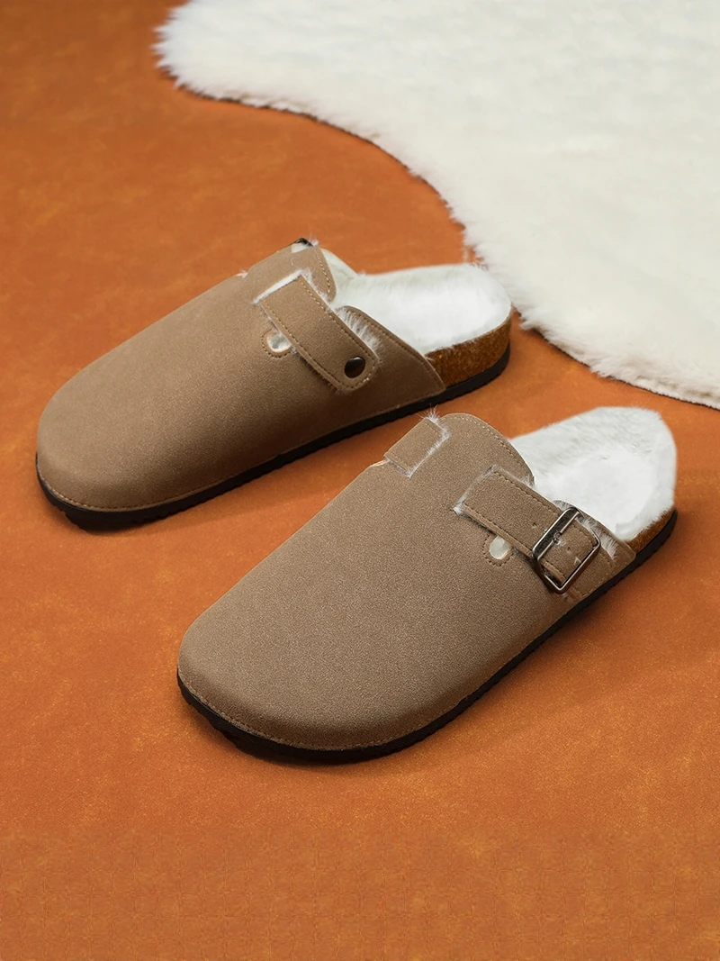  Men's Winter Slippers Fleece Lined Slip on Home Office Anti Slip Slippers Synthetic Leather Upper Warm Thick Heel