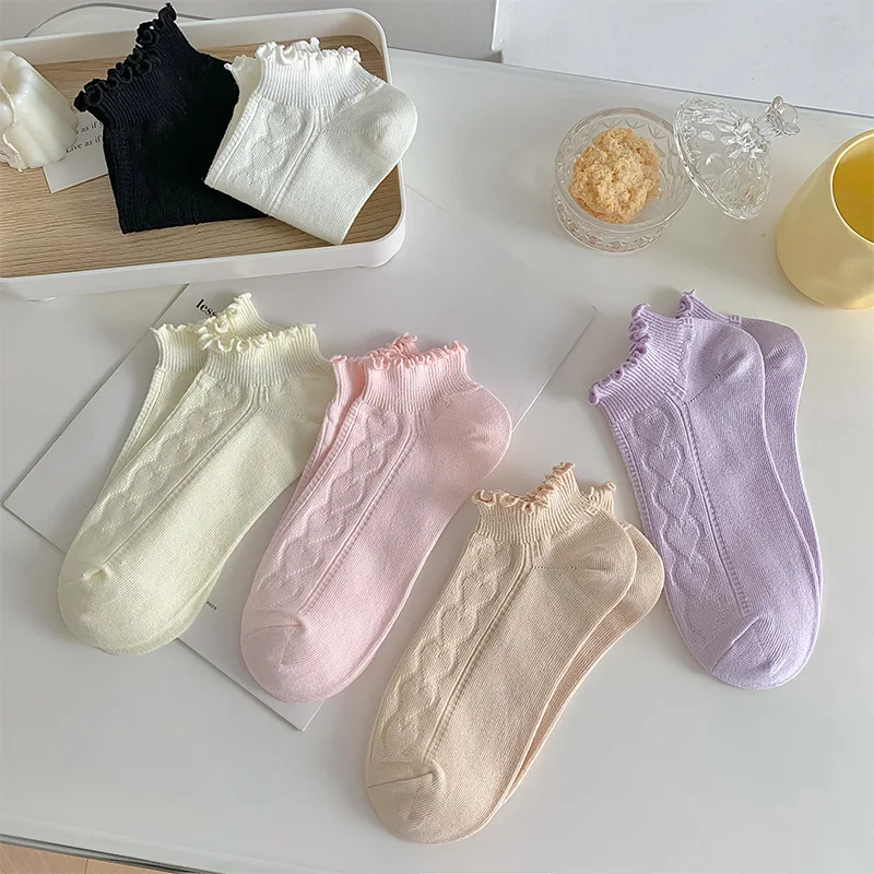 Różowe fioletowe damskie krótkie skarpetki JK Lolita Kawaii słodkie skarpetki z falbanami bawełniane cienkie oddychające głęboki dekolt skarpetki do kostek Sox słodkie dziewczyny