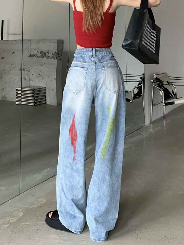 Jmprs Retro Hole Design Jeans Women Painted High Waist Streetwear Denim Pants Hip Hop Harajuku American Loose Bf Trousers New