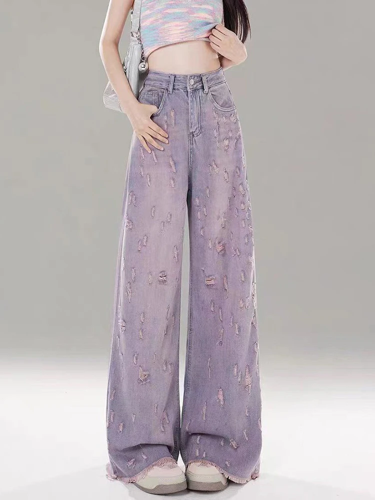 Jmprs Retro Hole Pink Purple Jeans Women Loose Casual High Waist Denim Pants Korean Vintage Design Female Elegant Trousers New