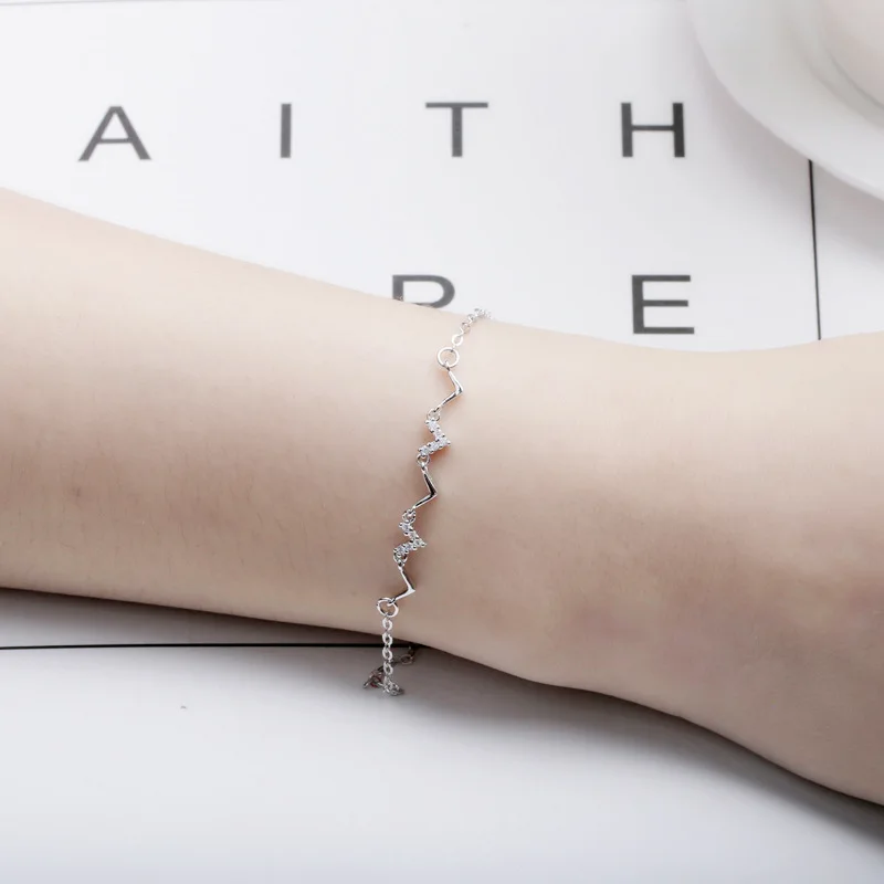 Korean Version Simple Electrocardiogram Bracelet Women's Zircon Heartbeat Waveform Adjustable Chain Bracelet Jewelry Gift