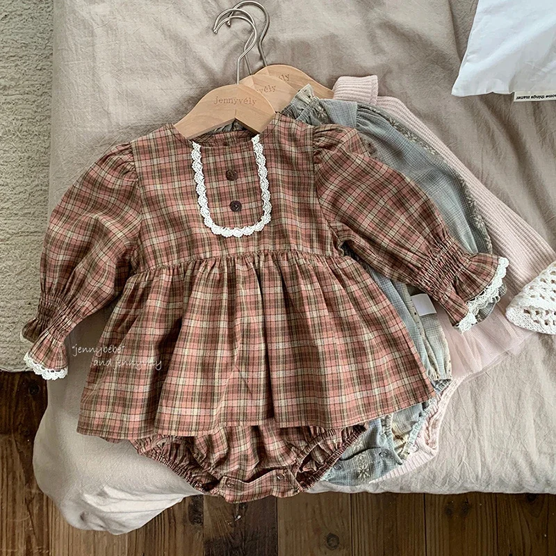 

2025 New Autumn Toddler Baby Girl Romper Long Sleeved Cotton Grid Korean Style Climbing Suit 0-24M Children Clothes
