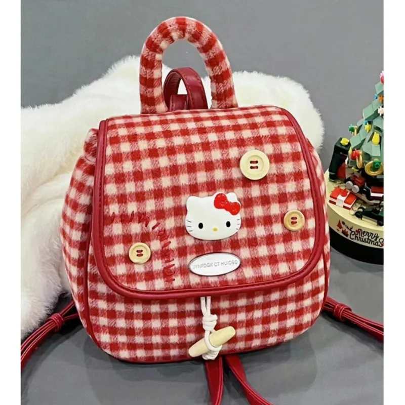 Sanrio Hello Kitty Small Backpack Woman Rucksack Cartoon Casual Shoulder Bag Girl Anime Bookbags Mini Corduroy Multiple Pocket