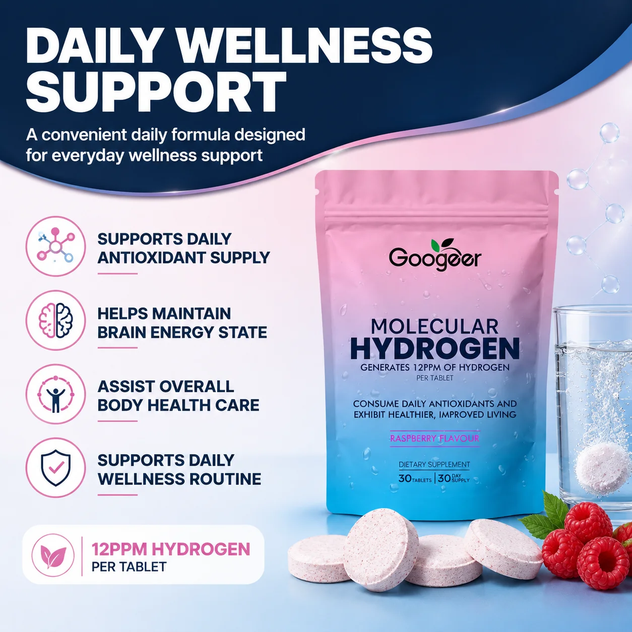 Googeer Molecular Hydrogen Tablets 12PPM Magnesium Supports Daily Antioxidant Supply Brain Energy State 30 Raspberry Flavor