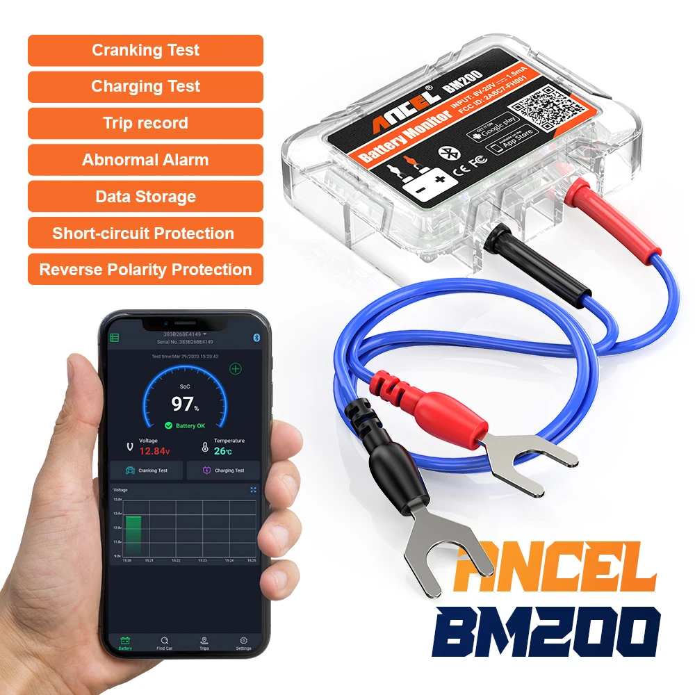 

Новый беспроводной вольтметр ANCEL BM200 с функцией записи истории напряжения, мониторингом состояния через приложение, Bluetooth 4.0, тестер батарей для автомобилей 12В.