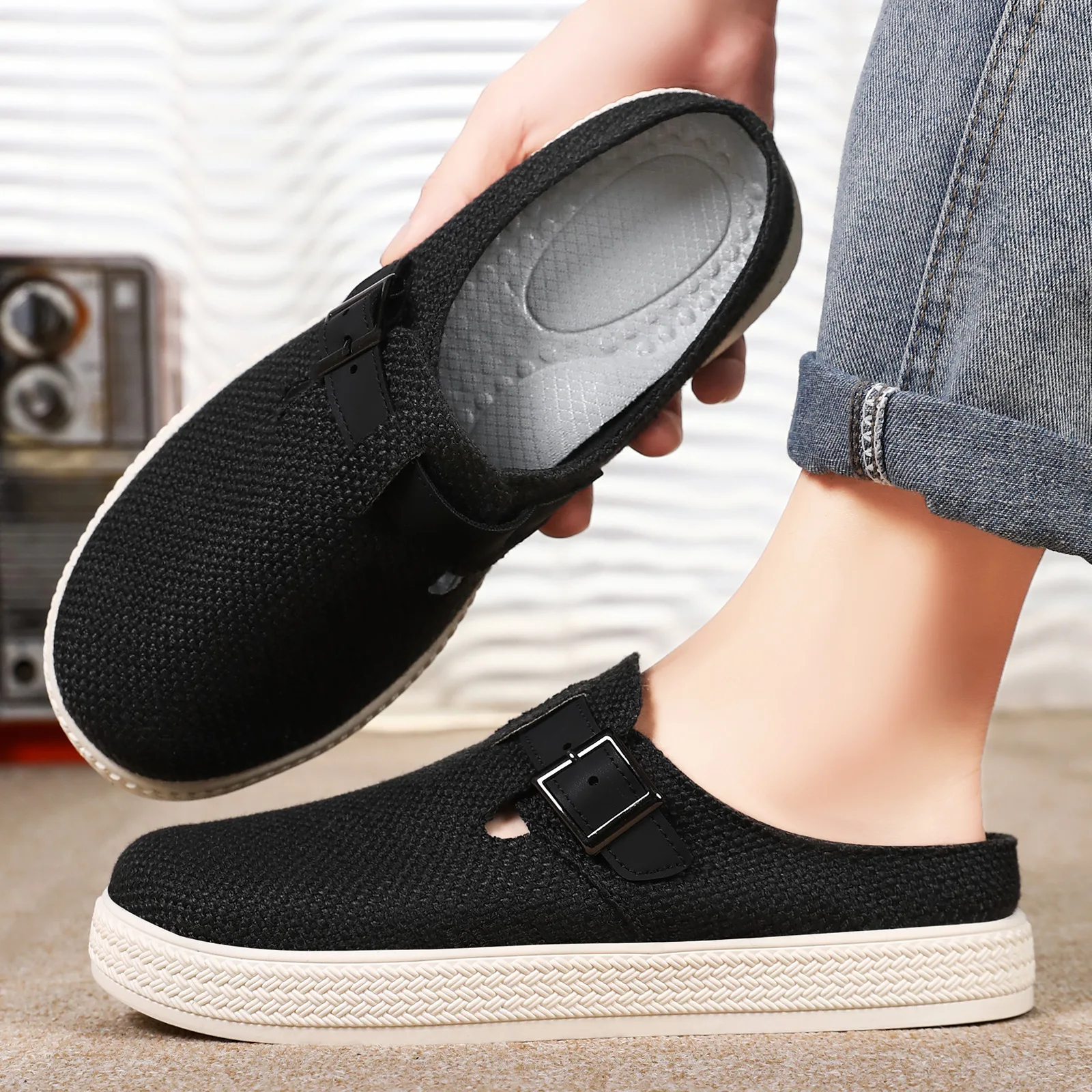 

Men's Closed Toe Mules Hollow Out Breathable Knitted Slippers Soft Sole Slip On Half Lightweight Minimalist Flat Walking shoes