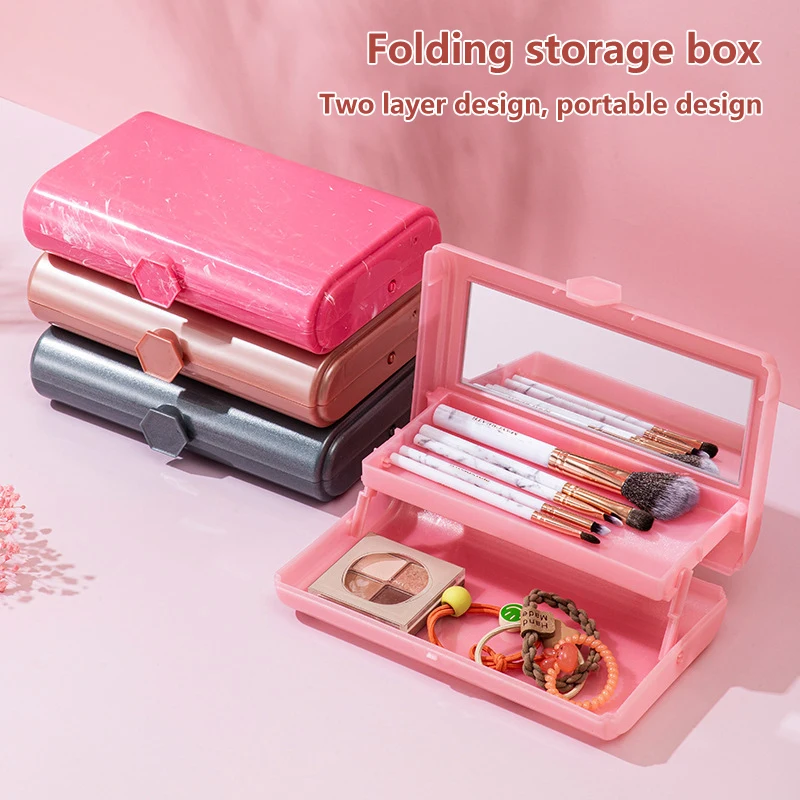 Double Layered Folding Item Box With Mirror Nail/Makeup Brush Jewelry Storage Portable Travel Cosmetics Organizer Container Case