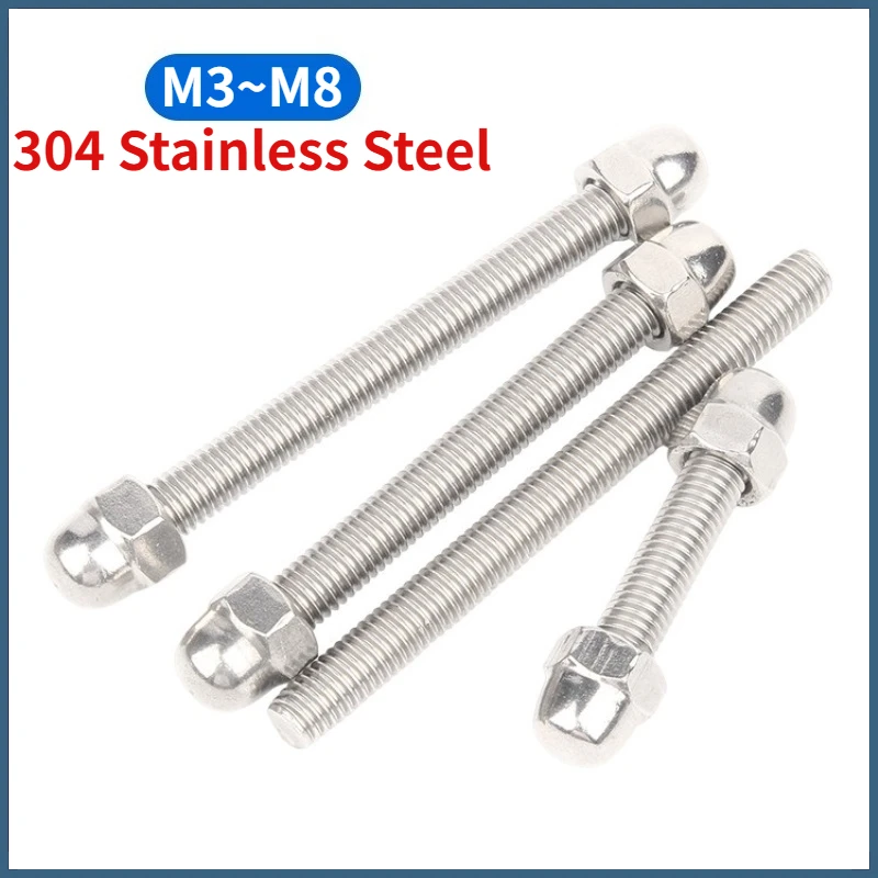 304 A2 Stainless Steel Full Threaded Rod Bar Studding Thread and Dome Nuts Combination Set M3 M4 M5 M6 M8