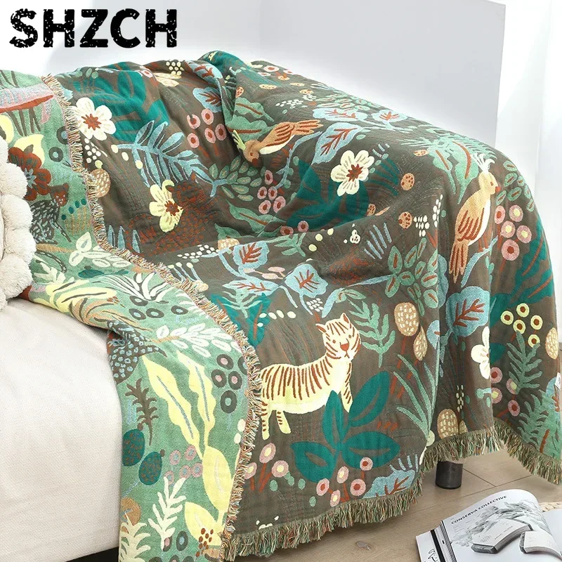 Textile City Jungle Tiger Floral Cotton Towel Blanket 6-Layer Gauze Combed Cotton Throw Multi-Purpose Active Printed Blanket