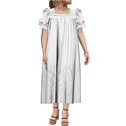 Custom mother day Micronesian Dress Micronesia Mumu Puff Short Sleeve Puffy Midi Dresses Polynesian Tribal Hawaiian White Dress