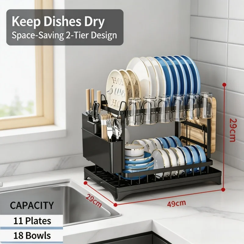 2 Tier Dish Drying Rack Kitchen Bowl Drainer Storage Rack Tableware Drain Chopsticks Knife Fork Water Cup Storage Holder 2 Tier