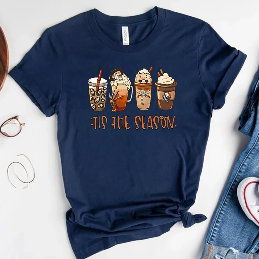 Tis The Season Fall Coffee Shirt Horror Characters Coffee Latte T-shirt Scary Movie Halloween Tees Spooky Season Halloween Tops