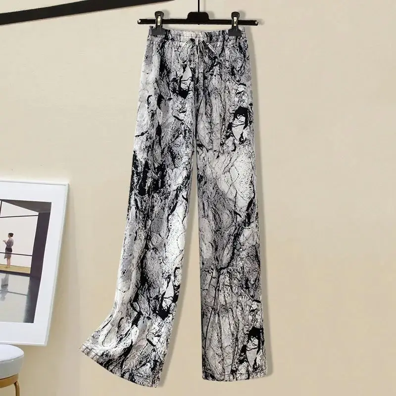 Spring and Summer Fashionable New Wide Leg Ice Silk Casual Pants+split Short Sleeve T-shirt Westernized Age Reduction Two-piece