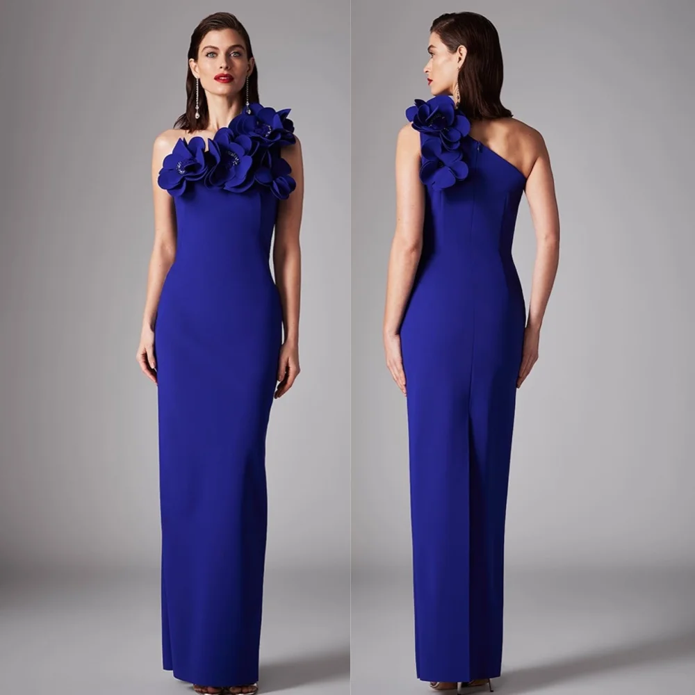 Customized Sparkle Exquisite Jersey Flower Draped Pleat Clubbing Sheath One-shoulder Bespoke Occasion Gown Long Dresses