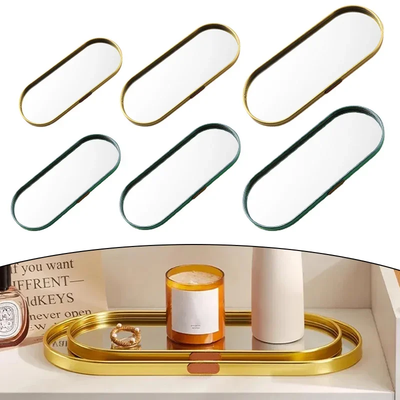 1pc Metal Storage Tray Cosmetic Jewelry Display Plate Gold Series Blackish Green Mirror Tray Metal Decorative Oval Dessert