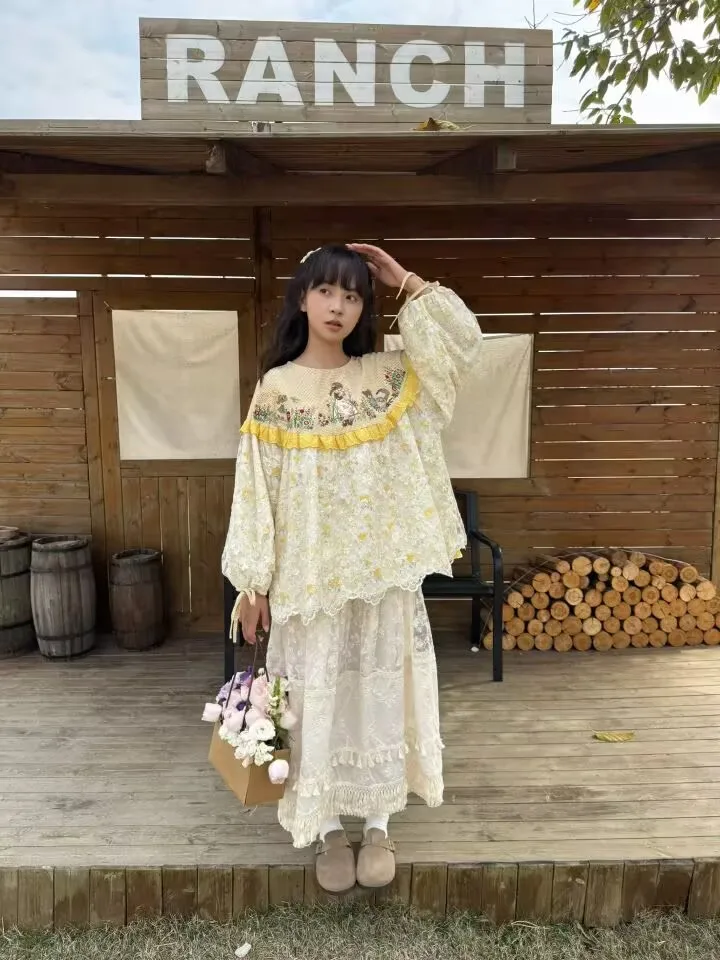 

Vintage Cotton Patchwork Ruffled Lace Yellow Color Cottage Core Embroidery Blouse Female Retro Lolita Sweet Shirt