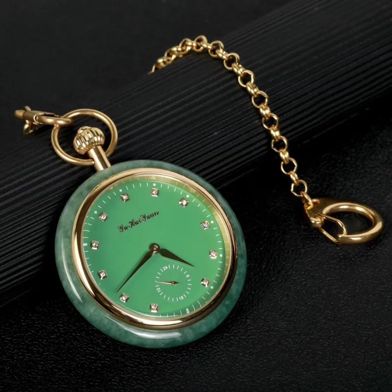 Orologio da tasca meccanico con smeraldi naturali Orologio meccanico in giada permanente retrò Orologio da tasca in giada elegante portatile Meccanica