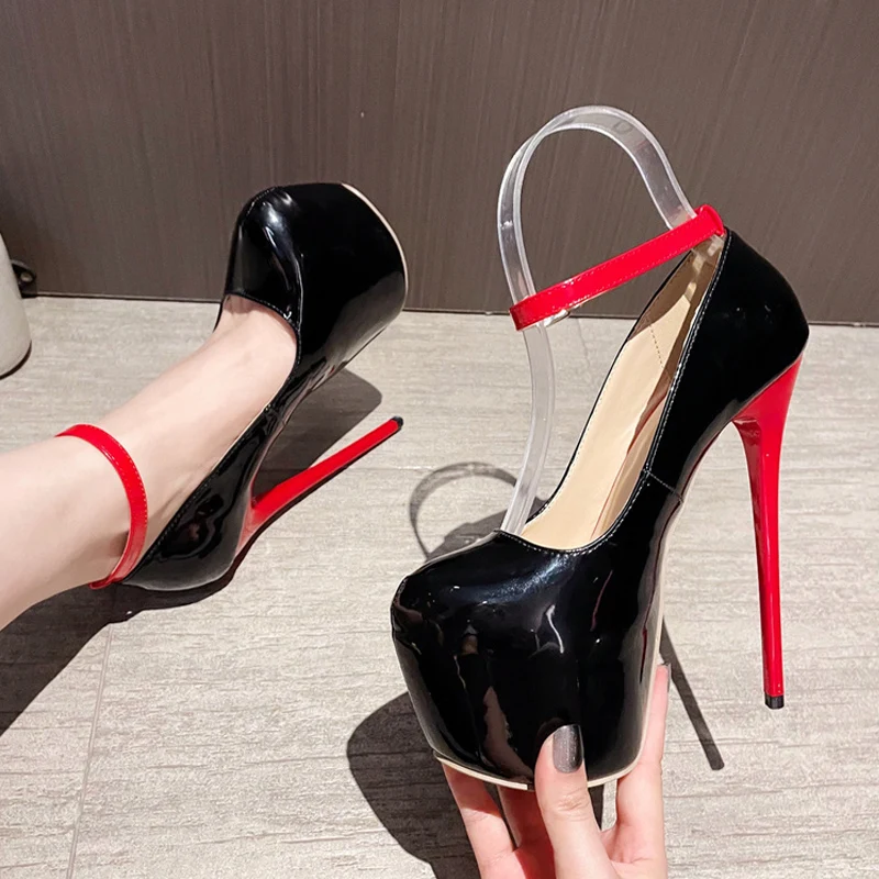 Liyke Runway Fashion Super Thin High Heels Wedding Banquet Shoes Black Red Round Toe Buckle Strap Platform Pumps Women Stilettos