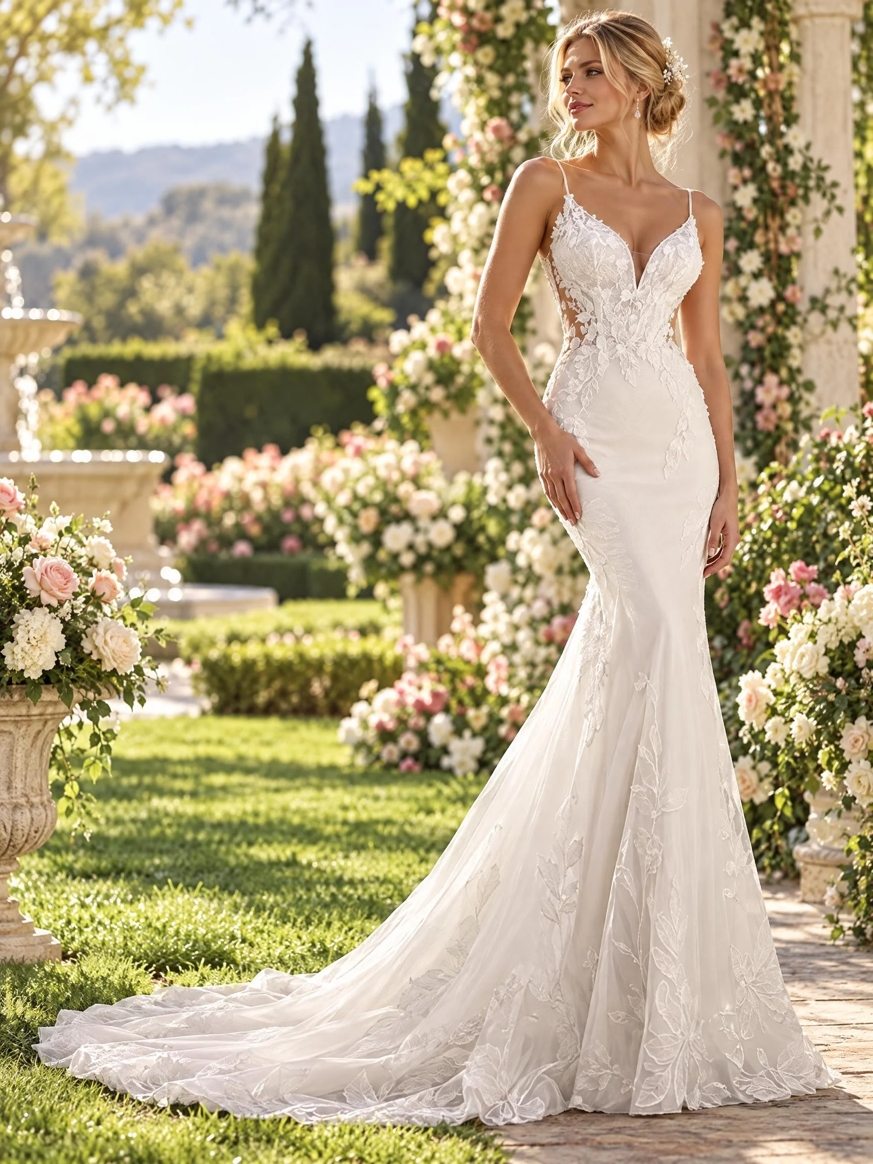Boho Mermaid Wedding Dress V-Neck Lace Appliqué Bridal Gown Side Cutout Chapel Train Wedding Gown for Bride