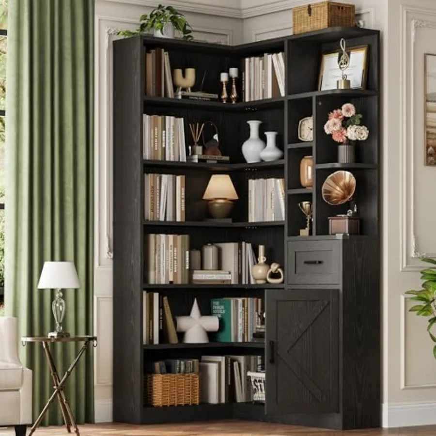 74'' Tall Corner Bookshelf for Home Office - L-Shaped 6-Tier Bookcase with Drawer Cabinets, Open Storage Shelves, Modern Displa