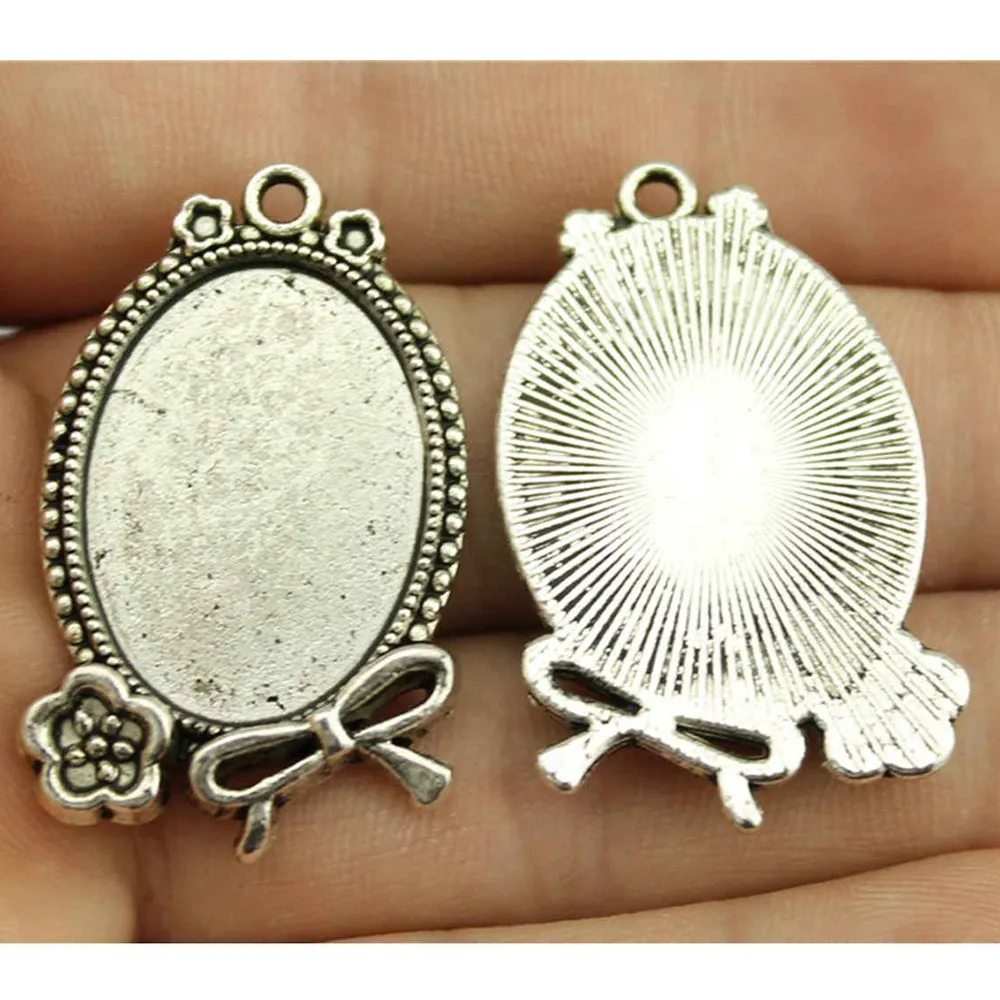 Base de cabochon en verre pour pendentif, composants de documents en argent antique, ajustement rond, bijoux en gros, 18x25mm