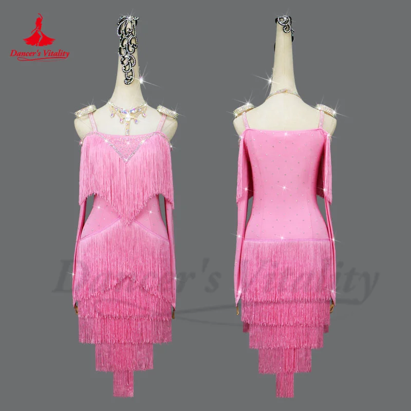 

Latin Dance Fringe Skirt Women Customsized AB Stones Rumba Chacha Performance Costume Dress Children Tango Latin Practice Dress